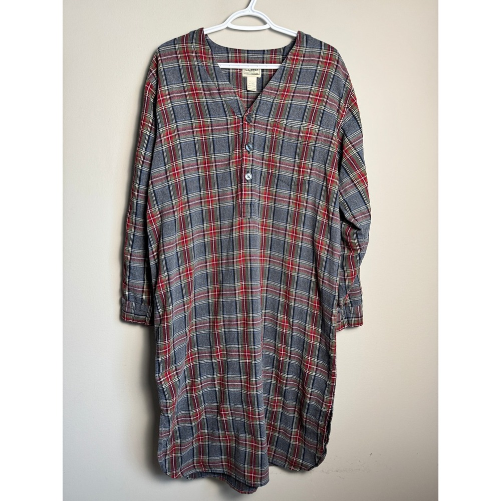 L.L. Bean Womens Grey Red Plaid Flannel Nightgown Medium Sleepwear Cottagecore